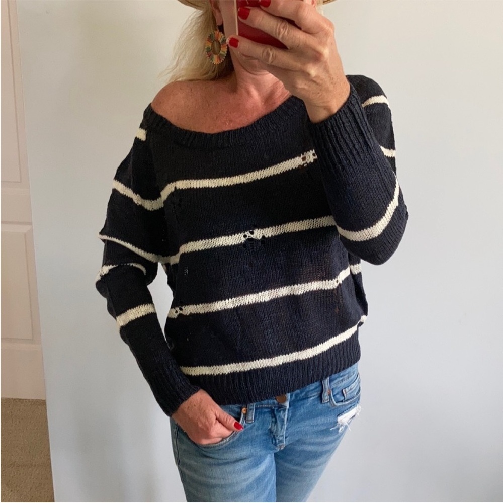 Navy & White Stripe Distressed Sweater
